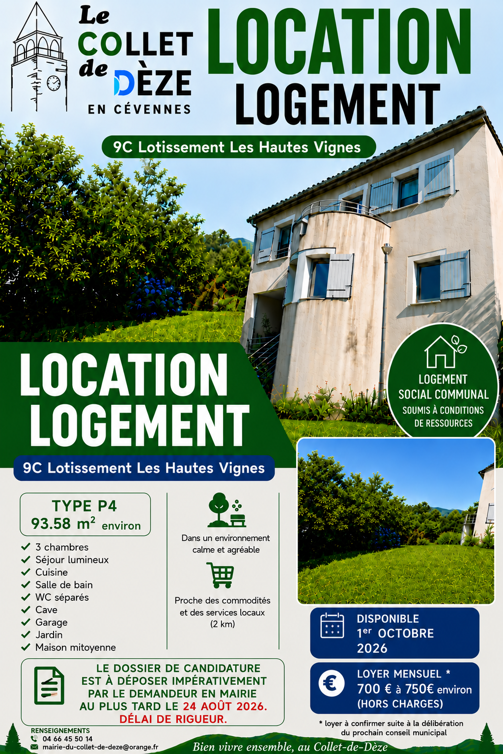 Affiche de location du logement communal des Hautes Vignes